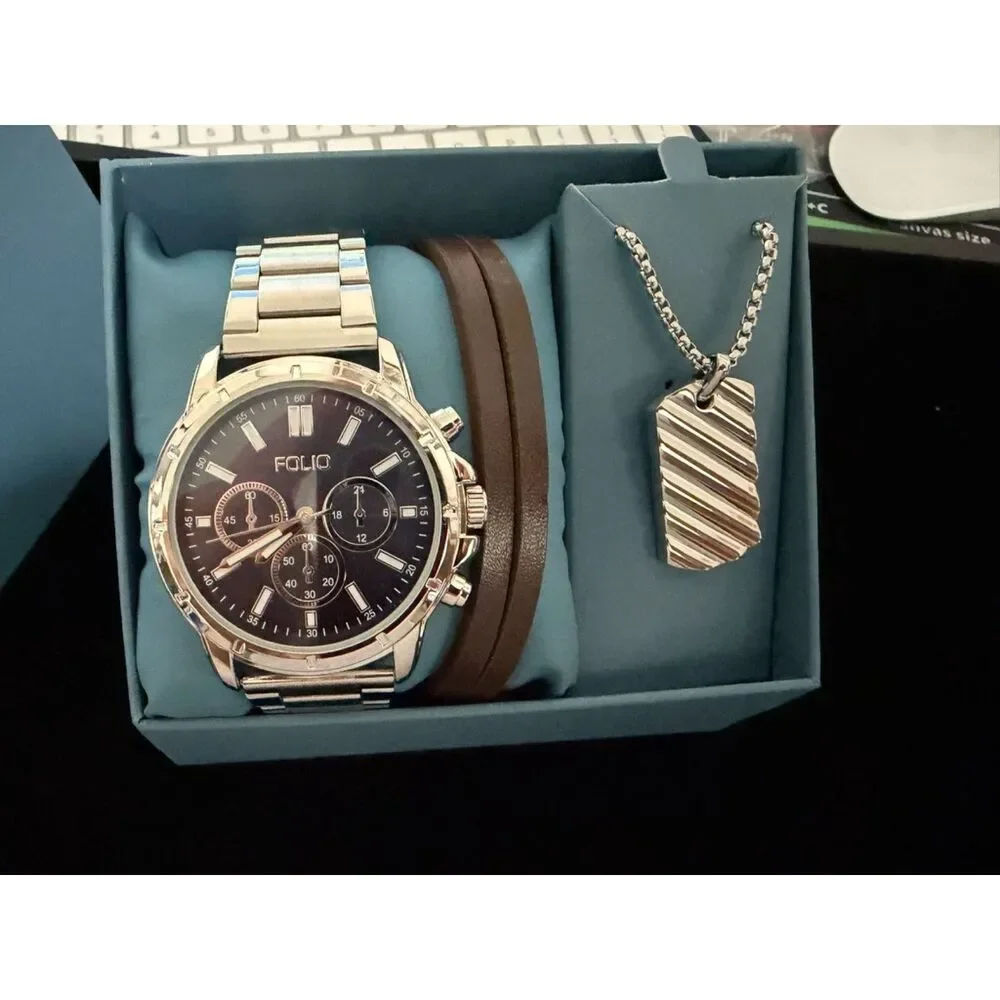 Folio Men Three-Hand Silver-Tone Watch